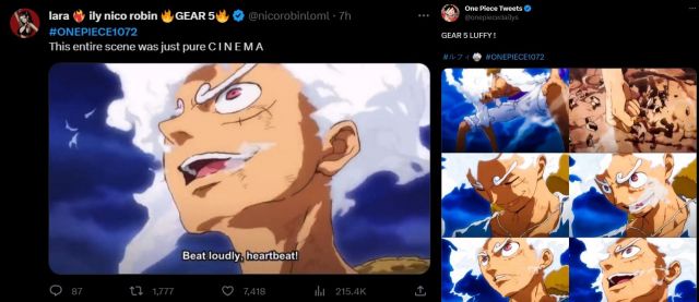 Fan reactions to the scene where Luffy goes Gear 5 (Image via Twitter)