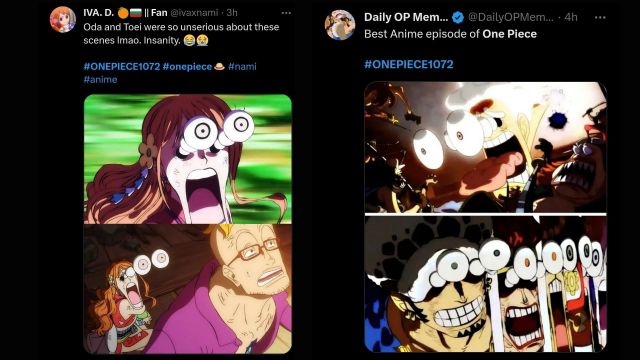 Fans appreciate the humor in One Piece episode 1072 (Images via Twitter/@ivaxnami and @DailyOPMemes)