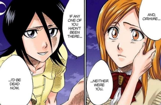 Rukia comforting Orihime (Image via Pierrot)