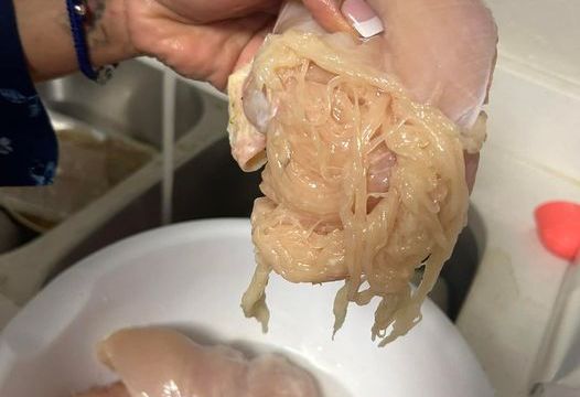 ht4.Mom shares disgusting photo of chicken breast that shreds into spaghetti