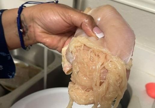 HT1. Mom shares disgusting photo of chicken breast that shreds into spaghetti