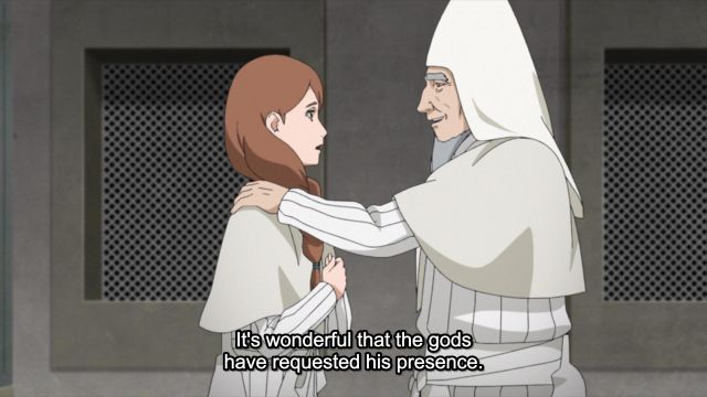 Boro's priest reassures a worried convert in Boruto episode 210. Image subtitle reads 
"It's wonderful that the gods have requested his presence"